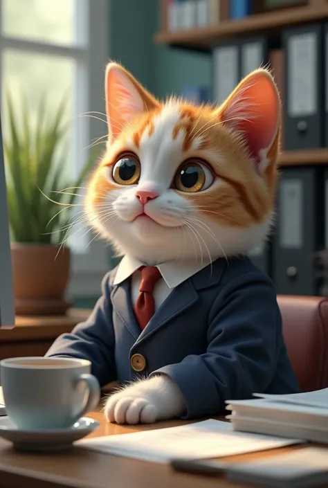 Draw a cute cat working in an office。The cat has short hair with white and light brown spots.、It has big round eyes and soft ears.。The cat is wearing a human business suit.、The size is a little large.、Sleeves and pants are left over。The cat has a shocked l...