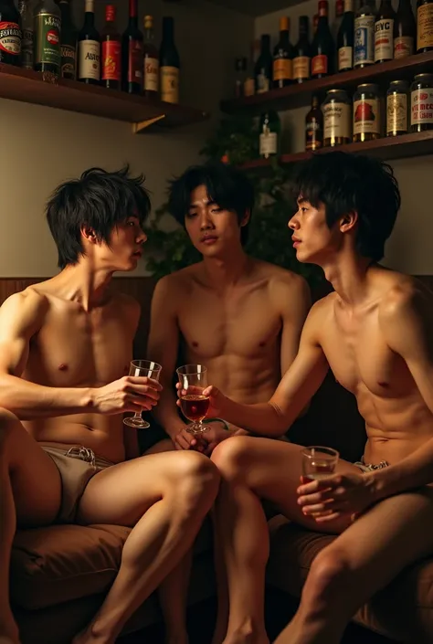 Photo Quality、A lot of cute handsome men、Mash Hair、Japanese male, 、Completely naked、Full nudity、erection、Huge penis、Highest quality、Realistic、beautiful、Lots of bottled beer、bottle wine、Surrounded by whiskey bottles、Inside the apartment、Dim lighting、Blowjob...