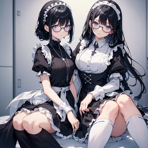 One person, Black Hair,, Maid Dress、White Knee Socks、Ice Blue Eyes、Rosary Necklace、Round Glasses、The back hair is braided into two plaits, one on each side.、High resolution, Highest quality, Very detailed, Dual pistols