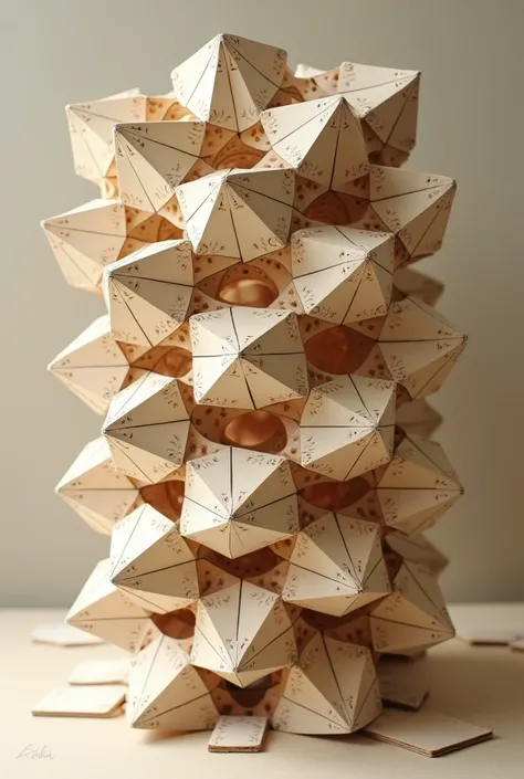 make a spiral network with the root of 2 using the golden ratio combine that type of organization with a network of cuboctahedrons the image has to have the style of a model made of cardboard and the main idea is a tensegrity make it have some holes so the...