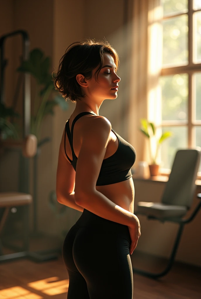 (photorealism:1.2), beautiful woman , wearing tight sport bra top, yoga pants, short hair, indoors, soft lighting, gym background, window with sunlight, cozy room, exercise pose, realistic, intricate details, cool colors, by Greg Rutkowski, by Alphonse Muc...