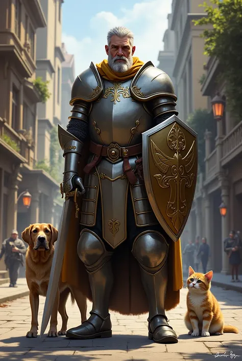 Knight with sword and shield protects dog and cat from street