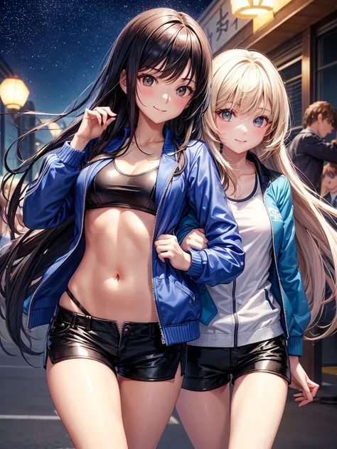 best quality，，smile，blazer，swimsuit，School，group of，Blue Track Jacket，Physical education class，JK，Sexy and cute，future，Wearing a fastener bra，zipper bra，Long Hair，She has her bangs down，evolution系ファッション，Cuteness at its finest，Sparkling，Leather shorts，赤いLea...