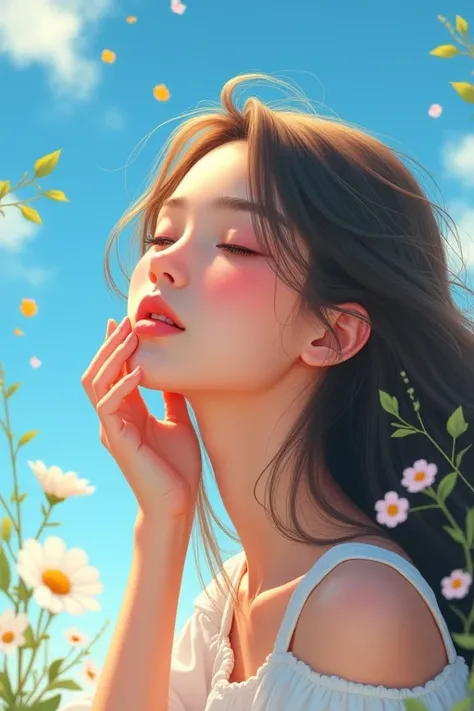 The sky is blue。A beautiful girl with long hair closes her eyes, looks up at the sky, smiles and holds her hand to her ear, listening carefully。Flowers and leaves are fluttering around。A soft image drawn with pastels。Close-up of face