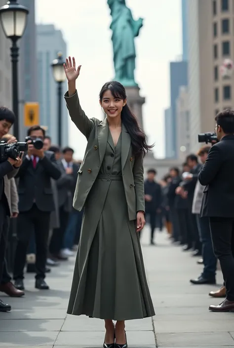 a young woman long black ponytale hair, wear outfit jacket with shawl neck, long skirt dress clothes, wear high shoes, standing while raise right hand up to audience on middle between journalist, natural, sweetly smile, happiness, his actress movie hollywo...