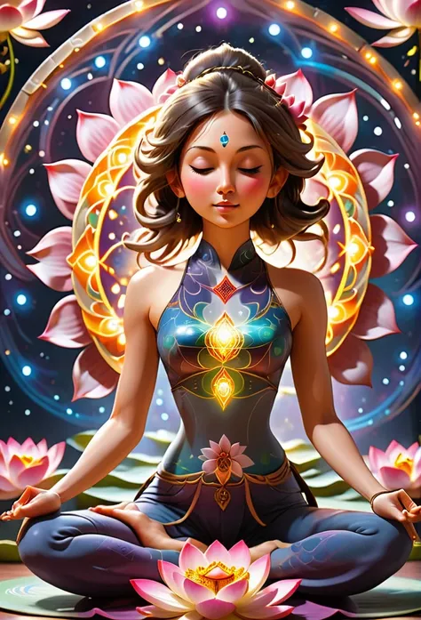 universe space、Stars twinkle in the night sky、Mystical mandala in the background。
Woman doing yoga、Chakra light、Lotus flowers are in full bloom。Delicate and mysterious art。

