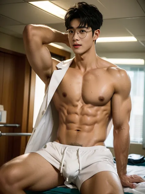 Crowded hospital, hospital display, sexy doctor In the middle of crowded hospital, Sweat dripping all over the body, in the sweat covering all over the body, inside the bussy hospital background, Full body photo, wearing eye glasses, wearing stethoscope in...