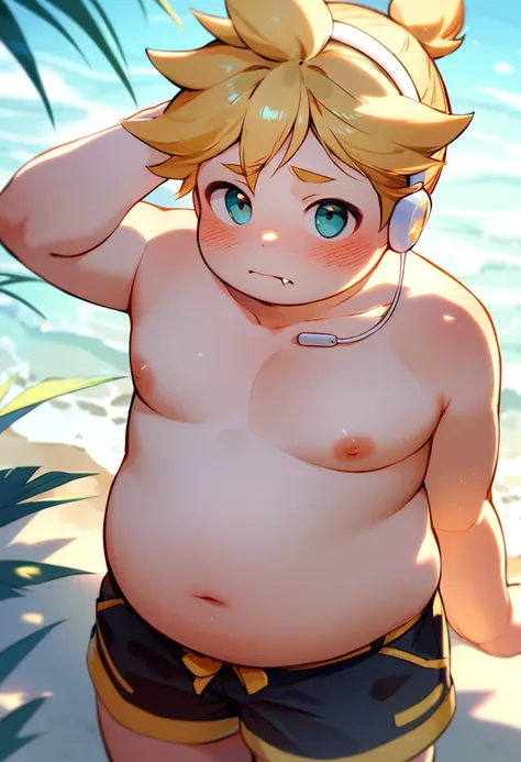 1 boy, (male child), , (kagamine len), cute, obese, fang, shirtless, earphone, shorts, (chubby), (plump),( belly significantly h...