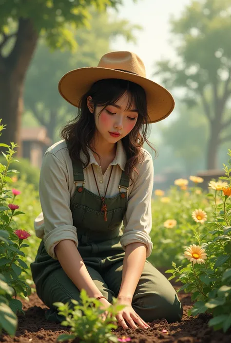 portray the young woman gardening in the countryside. she is dressed in practical 1980s gardening clothes like overalls and a gardening hat. show her in a serene setting with long shadows from the trees and flowers, emphasizing her connection with nature. 