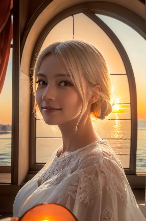 masterpiece, extremely detailed, photorealistic, detailed symmetric realistic face, ((Beautiful woman watching the sunrise through a large window:1.5)), sunrise, white dress, longhair, white hair, soft smile,