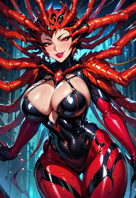 1 young beautiful woman,(Highest quality,Extremely detailed depiction,Incredibly absurd high resolution,Anatomically accurate depiction,Curvy Legs),(Glowing Skin,Shiny skin,Porcelain-like skin),(Spider-themed monster:1.5,Shiny latex,A member of an evil org...