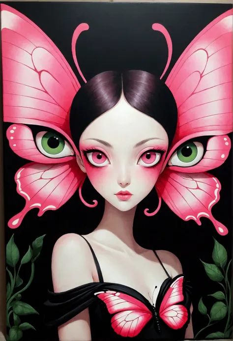 Pink butterfly on black background，The eyes are green, O&#39;Keeffe-Inspired Acrylic Paintings, Reddit, Metaphysically, big Pink Eyes, Pink Eyes, Big red eyes, Fantasy acrylic painting, Acrylic canvas, acrylic and spraypaint, Paint with acrylic paint, Evil...