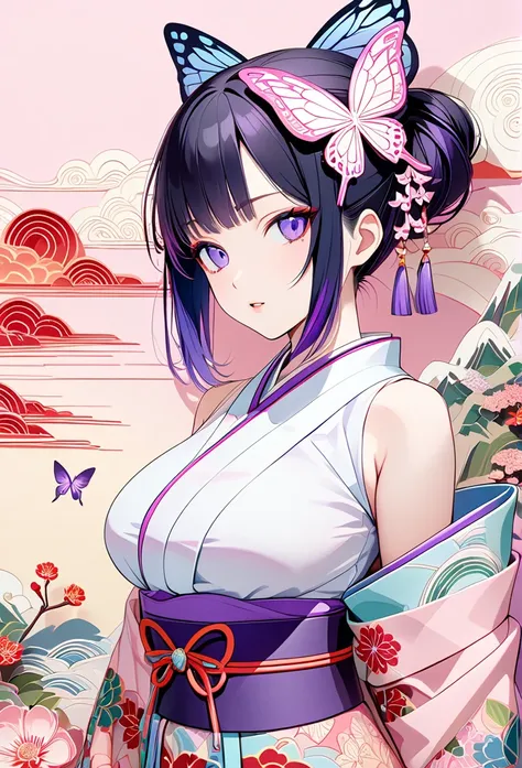 a mesmerizing surreal illustration of a young japanese woman resembling shinobu kouchou. she has black hair, purple eyes, a butt...