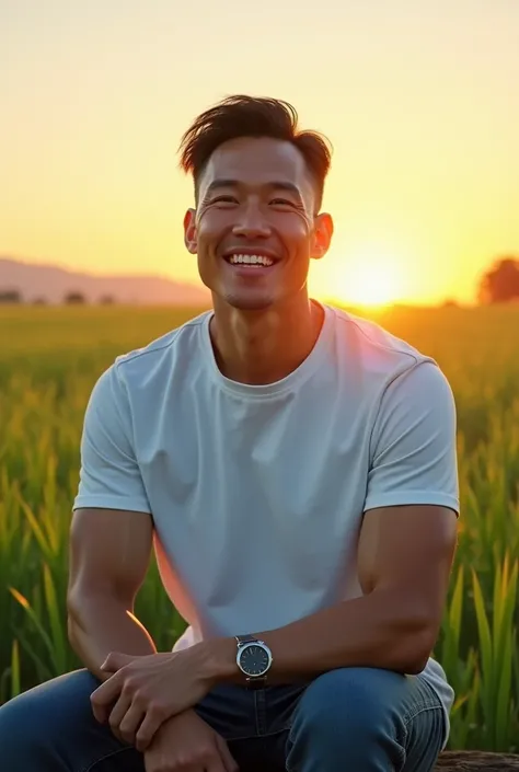 A 40-year-old Thai man wearing a white e-sports T-shirt with medium muscles sits on a log, facing forward, with large, gentle eyes.,Green rice fields in the back, During sunset, During sunset ท้องฟ้าสีฟ้าใสสะอาด มีแสงอ่อนนวลสายตา