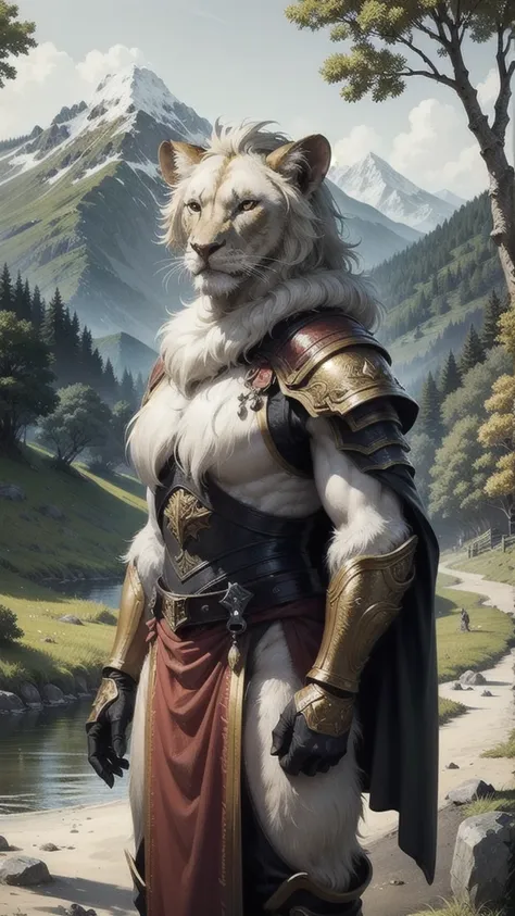 lioness, white fur, golden eyes, with technological armor, background of a green forest with rivers and mountains