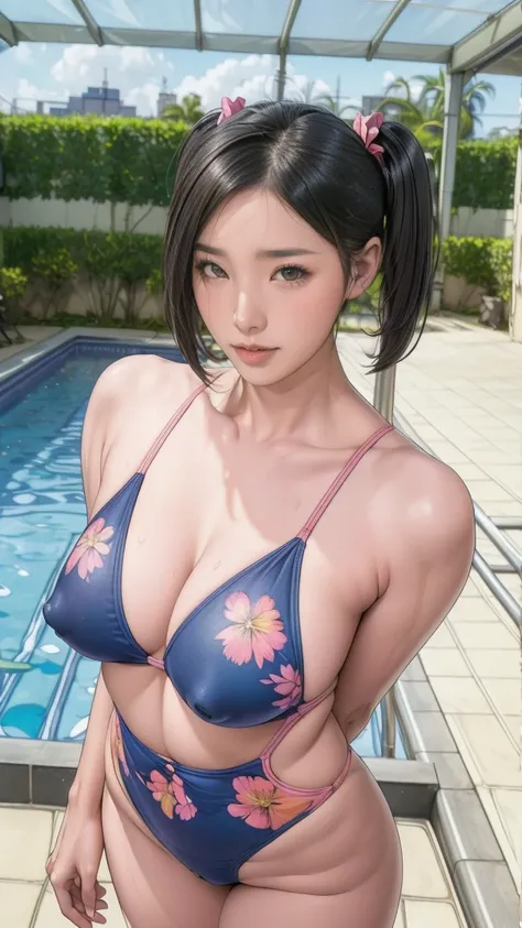 Highest quality, Official Art, masterpiece, Fabric Shading, High resolution, Very detailed, colorful, Indoor swimming pool, Best details, (Adult,30 years old, Mature Woman, conversion:1.5, Female dog, short hair, Black Hair, Twin tails、Clear, beautiful eye...