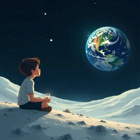 A boy sitting on moon drinking water and seeing earth from space , earth is brighting with lights 
