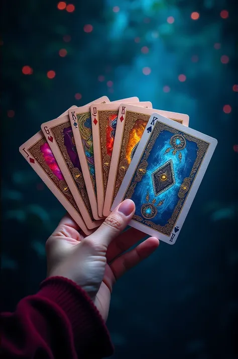 A photo with a hand holding magic cards