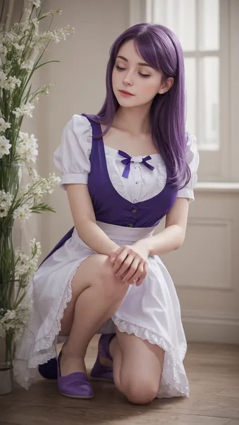 European girl.  Facial details.  Delicate facial features.  Half-closed eyes.  blue eyes.  Long Straight Hairstyle. Purple Hair.  A calm face. ((Dynamic pose)). (Maid clothes). Beautiful thighs. Beautiful bust. Beautiful background. (Crouching pose)