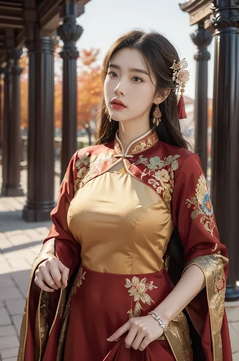 (((best quality))),(((ultra detailed))),(((masterpiece))),illustration,1girl,gigantic breasts,red gown,Chinese palace,autumn,October,spacious square,magnificent,intricately-embroidered,confident,graceful,striking contrast,deep blue sky,work of art,intricat...