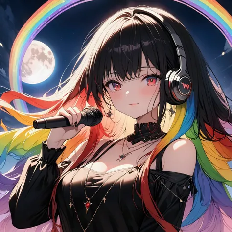 (((anime))) A woman holding a microphone,Gal,Long Hair,(Rainbow Hair),Bangs parted in the center,Black headphones,necklace,Close one eye,Wink,Red eyes,Big Eyes,Tear Drop Shoulder Dress,Volume sleeve,night,full moon,star,Backlight,masterpiece,Highest qualit...