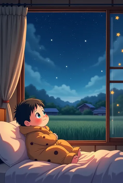 Let&#39;s create a profile of a cute chubby anime boy, light brown shirt in warmly lit room, sitting on the bed with a cute bear blanket looking at the starry night sky through the wooden window, Outside is a rice field swaying in the wind., there are some...