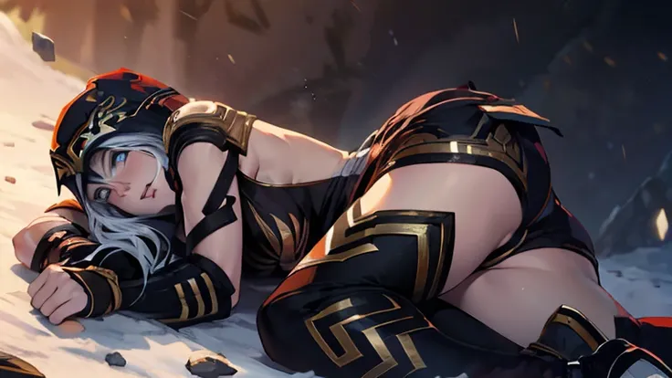 league of legends Ashe, half naked,nude warrior, wearing tights, half naked,her nipples shwon, asimated face looking,camel toe, very detailed face and pretty face,heroine, breast, getting touced by enemy, lies down, legs open pose, (masterpiece, best quali...