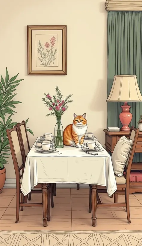 A dining table in the living room with a bottle of flowers, a cat, a tea set, a mug, vintage, line art,