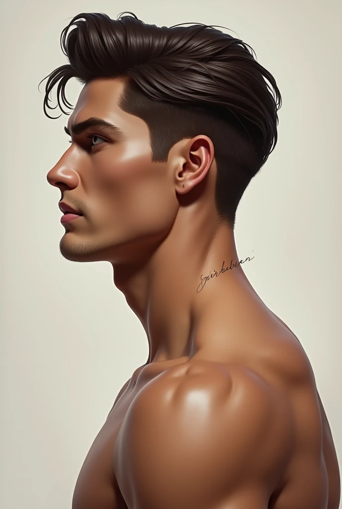 Perfect masculine face shape with perfect masculine eyes eyebrows nose lips jaw  with perfect side profile including perfect gonial angle nasolabial angle and lean muscular physique with classic side pet hairstyle Greek god