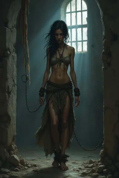 Describe a female slave who is locked up and chained in a fantasy kingdom with starving conditions