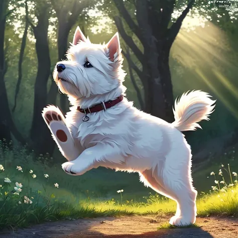 (Highest quality: 1.2), (masterpiece: 1.2), (Realist: 1.2),  Close to the photo, Very cute West Highland White Terrier puppy jumping in the woods, Soft Volume Light, (Looking at the audience: 1.3), (Backlight:1.3), (Movie:1.2), Intricate details, masterpie...