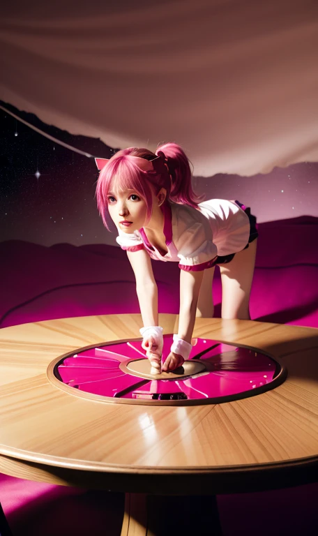 tabletop, highest quality, one girl, spin around, alone, pink hair, double ponytail, tears, pink eyes, gloves, magician, outstre...