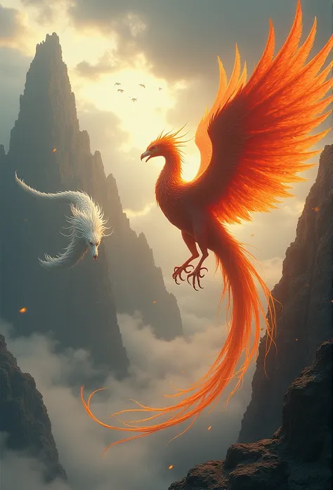 Cinematic style, realistic epic fantasy work, dynamic angles, heavy tension, the confrontation between the giant red golden phoenix and the white dragon_ Intricate details and delicate descriptions, cutting-edge digital cinematic art, 8k, epic fantasy styl...