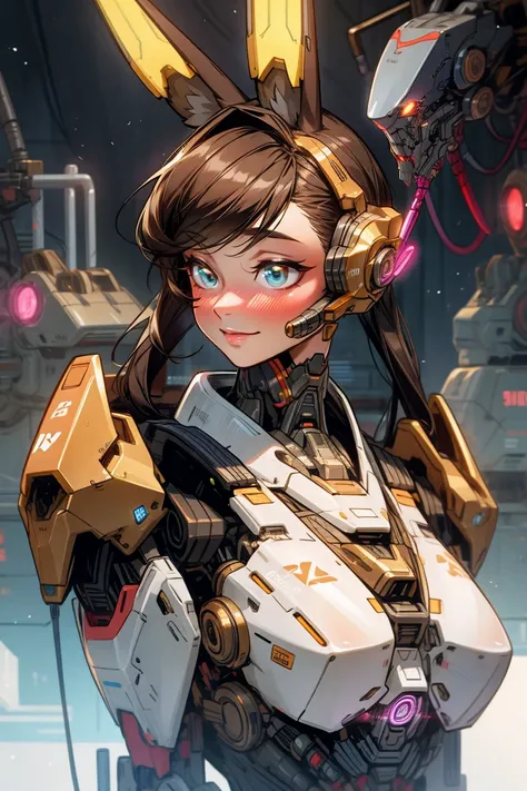 a cute cyborg girl with rabbit ears, beautiful detailed eyes, beautiful detailed lips, extremely detailed face and features, long eyelashes, beautiful fair skin, adorable expression, anime-style, detailed bronze mechanical body parts, intricate cybernetic ...