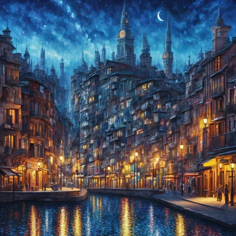 high quality, 8K Ultra HD, very detailed, extraction, oily, sketch, A cityscape with a starry sky, cubism, brush, palette, colors, Stroke, difference, depth, creativity, imagination, Fantastic reality, amazing, A magical environment, Ceramic, cerulean, sca...