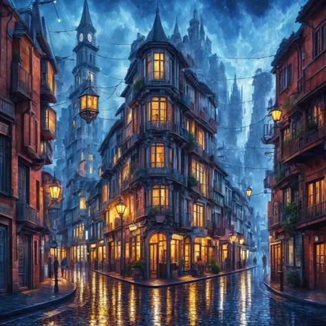 high quality, 8K Ultra HD, very detailed, extraction, oily, sketch, A cityscape with a starry sky, cubism, brush, palette, colors, Stroke, difference, depth, creativity, imagination, Fantastic reality, amazing, A magical environment, Ceramic, cerulean, sca...