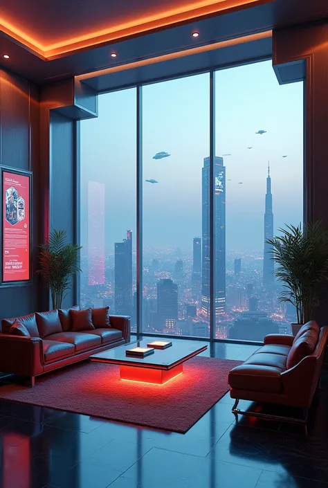 Luxury penthouse with a panorama view of a cyberpunk futuristic city 