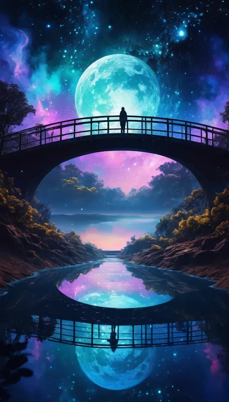 A cosmic bridge made of stars connecting the moon to the Earth. Shadowy figures crossing the bridge like ghosts crossing the underworld. Dreamy, ethereal atmosphere. Galactic background. Digital painting style, hyper-realistic, vibrant colors