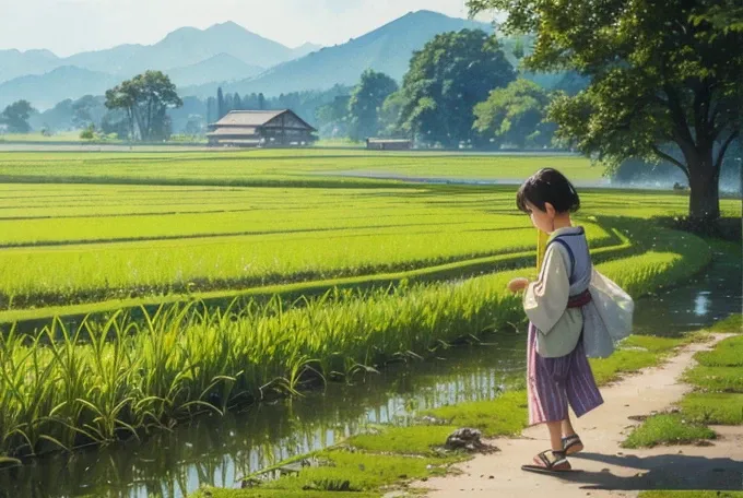 watercolor,(masterpiece, best quality,ultra highres),1980s,rice field scenery, (a japanese oldman and a small child) walking along a footpath,side view,joy,sandals,