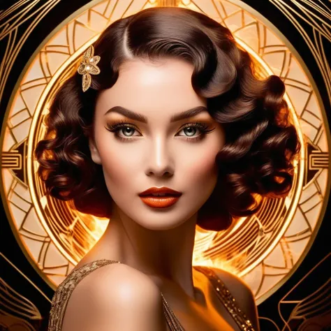 A ravishing beauty with eyes that shine with magic, surrounded by curls of smoke and flickering flames. inspired by art deco, its shape is elegant and stylized, with fluid lines and geometric patterns that capture the glamour of the Golden Age.