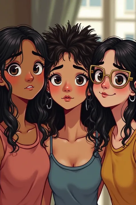 A trio of best friends. an asian, white, of black hair at breast height, eyes black, with round, reddish cheeks, and a shy expression/stressed (without any accessories). A outra é BEM white com olhos grandes e castanhos, large eyelashes, WAVY hair WITH A L...