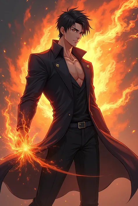 A super good looking guy handsome cool lovely charming attractive tall anime boy in black outfit with unstoppable ultimate extreme power of  Holyfire and dark fire