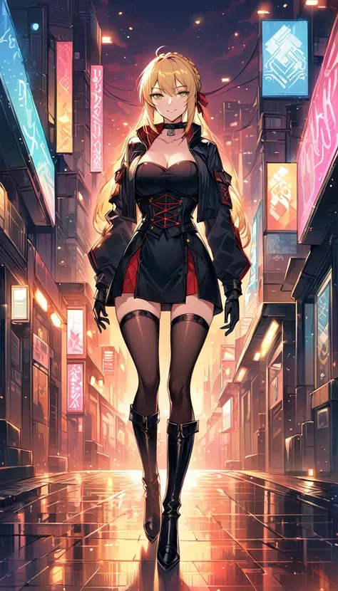 score_9, score_8_up, score_7_up, score_6_up, rating_safe, source_anime, BREAK beautiful Artoria Pendragon (blonde, braid, ribbon, hair ribbon:1.2), sexy smirk, BREAK tight skirt, cropped corset, thigh high boots, choker, BREAK walking in downtown Tokyo, ne...