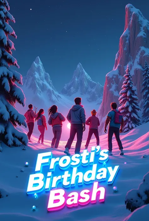 I need a sythwave artwork wich has a winter theme, put a logo on the bottom of the arwork logo, the text should look like if its made out ice: FROSTIS BIRTHDAY BASH 