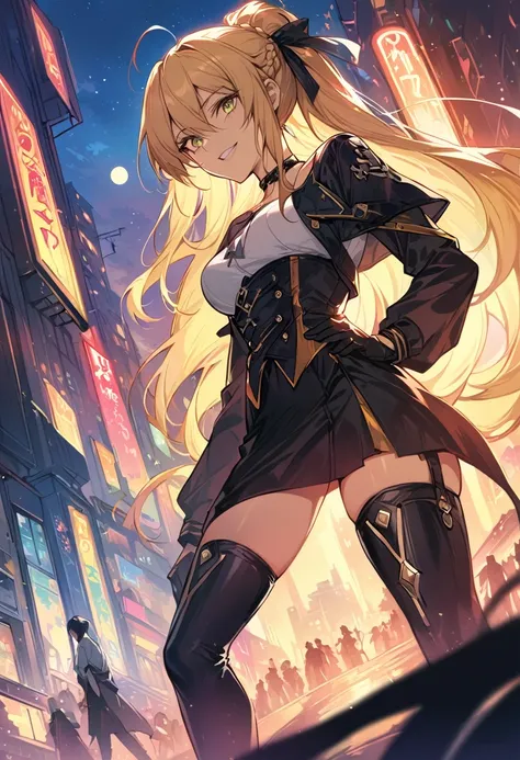 score_9, score_8_up, score_7_up, score_6_up, rating_safe, source_anime, BREAK beautiful Artoria Pendragon (blonde, braid, ribbon, hair ribbon:1.2), sexy smirk, BREAK tight skirt, cropped corset, thigh high boots, choker, BREAK walking in downtown Tokyo, ne...