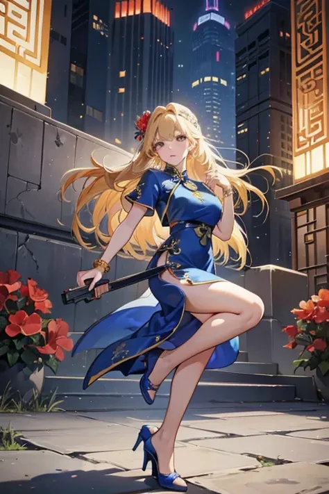 Highest quality,High resolution,comics,(Cel Animation Style),A woman is standing alone,30 year old Asian woman,(Long blonde hair),((Blue Chinese Dress)),((Blue High Heels)),((1. Have a gun.6)),(Hibiscus Hair Accessories),(Beautiful face with a slit 1.3)，(G...