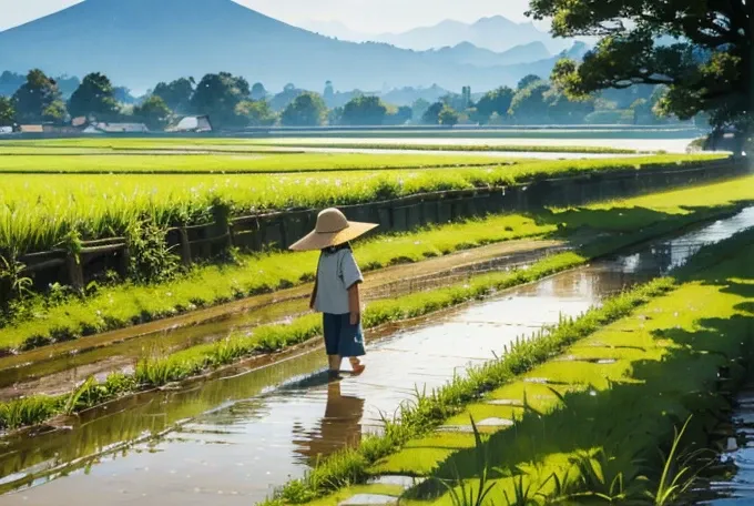 watercolor,(masterpiece, best quality,ultra highres),showa era,rice field scenery, (a japanese oldman and a small child) walking along a footpath,side view,joy,sandals,