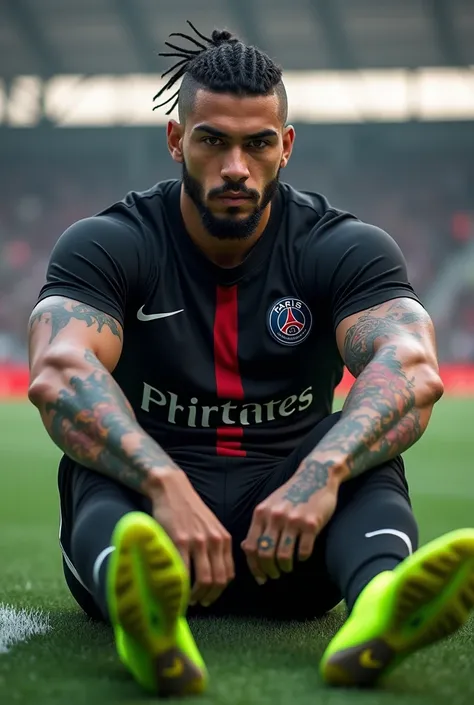 Young 2 sexy tough gangster with black hair shaved on the sides with braids brown eyes thick lips athletic body masculine energy and defined chin sexy short trimmed beard colored tattoo marked biceps wears Homme in black color Muslim style is a PSG soccer ...