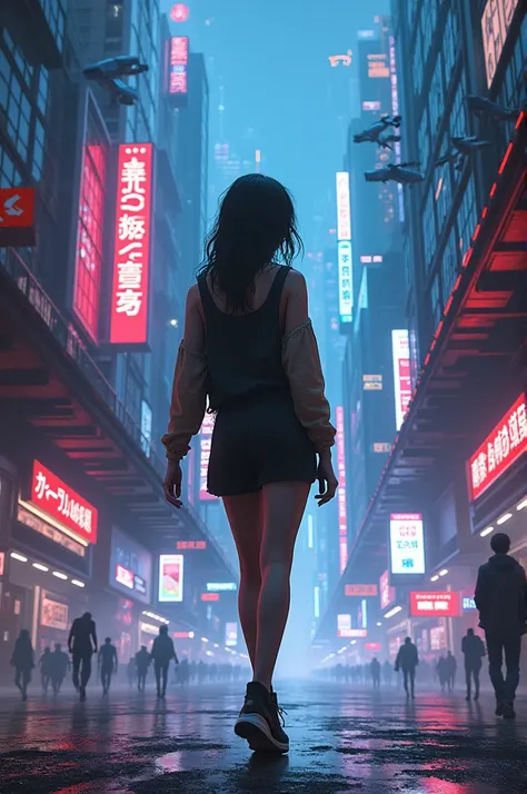 A girl walking in a cyberpunk city