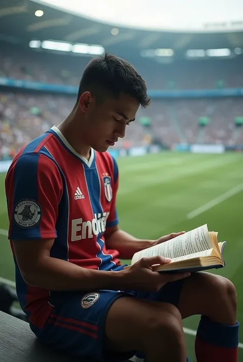 I want a Vasco player reading a book in a soccer stadium